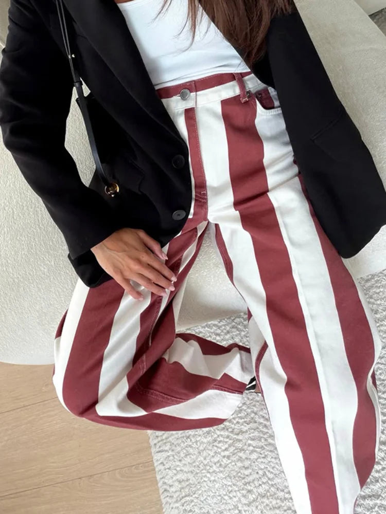 Street Striped Jeans Women's High-Waist Pockets Wide-Leg Trouser 2026 Spring Summer Retro Multicolor Vertical Stripe Denim Pant