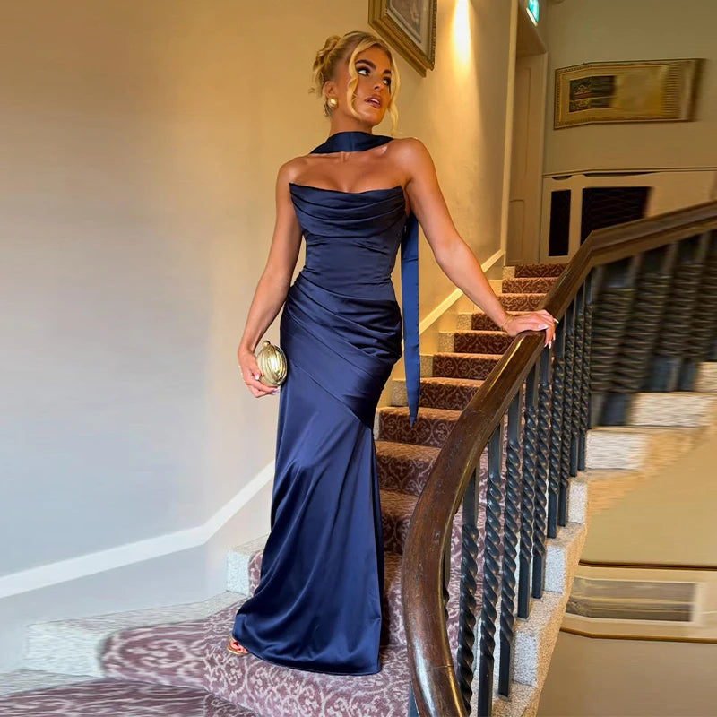 Women Sexy Pleated Strapless Satin Dress Chic Solid Off-Shoulder Backless High Waist Bodycon Dresses 2026 New Evening Party Gown