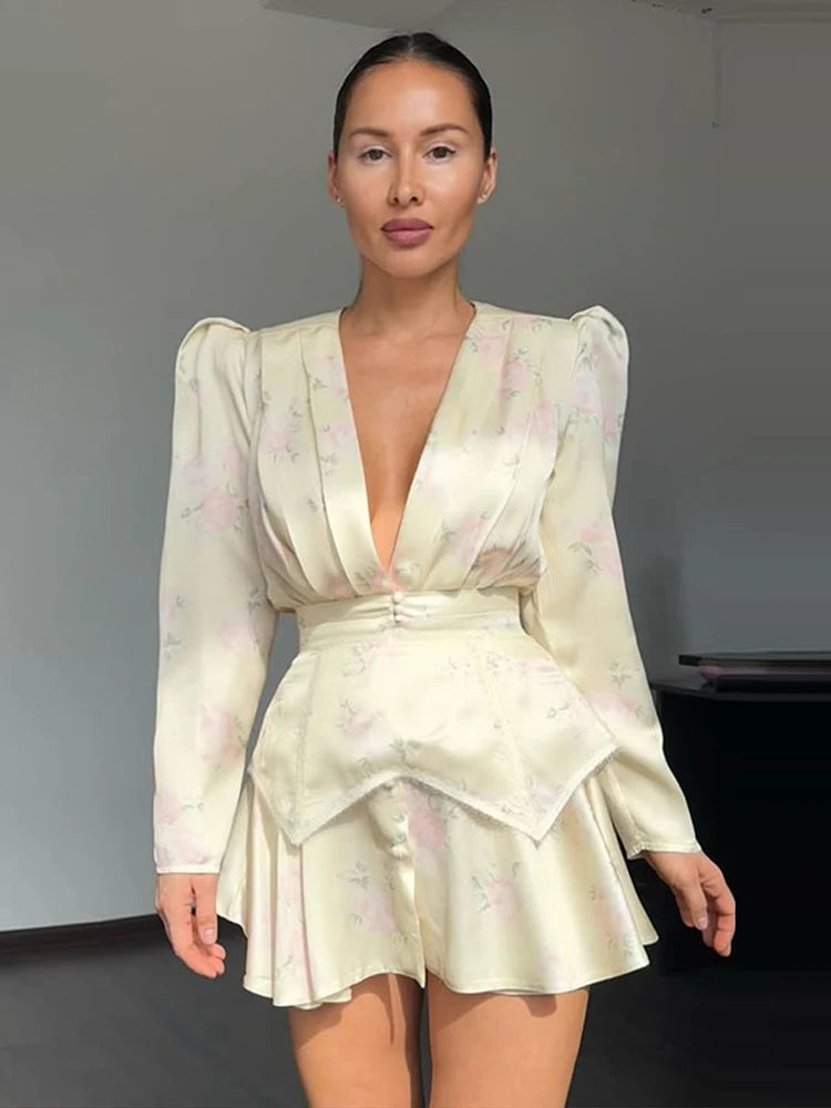 Print  Dress Women's Floral Satin Mini Dress Deep V-Neck Puff Sleeves Peplum Waistband Two-Piece Party Dresses Woman Clothes