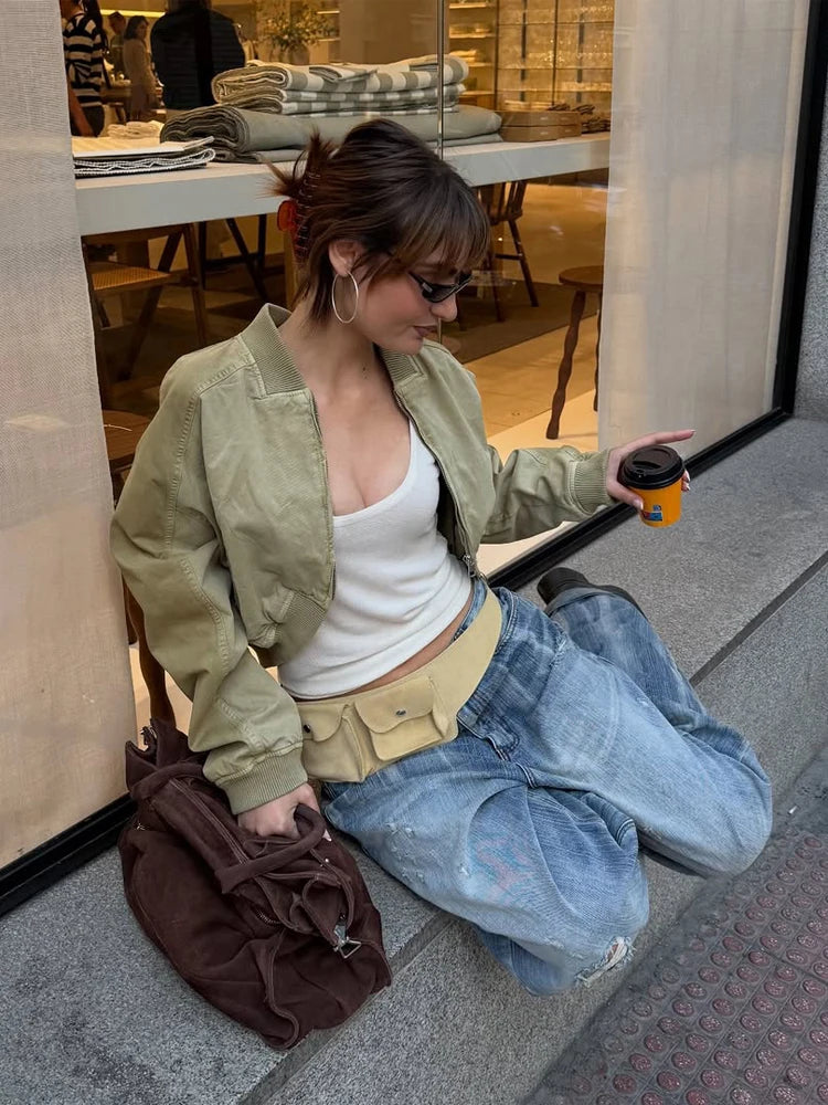 Cropped Bomber Short Jackets Women Solid Folded Hem Zipper Pockets Full Sleeves Coats Women Lady Casual Daily Street Outwear New