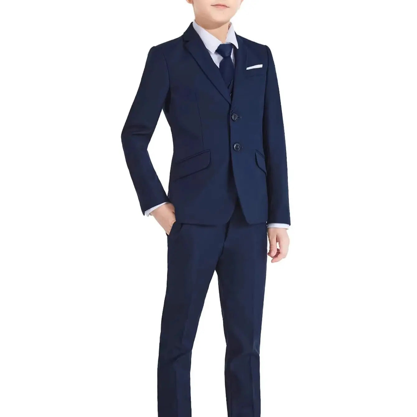 Notched Boy's Suit Set for Kids 3-14 Yrs, One Button Black Suit Jacket Vest Pants and T Shirt, Communion Tuxedo 4-Piece Suits CB DROPSHIPPING
