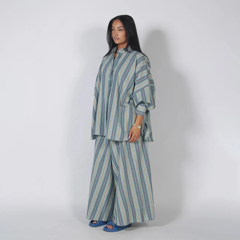 Fashion Stripe Long Pants Set Women Chic Lapel Single Breasted Shirt High Waist Wide Leg Trousers 2026 Spring New 2 Pcs Outfits
