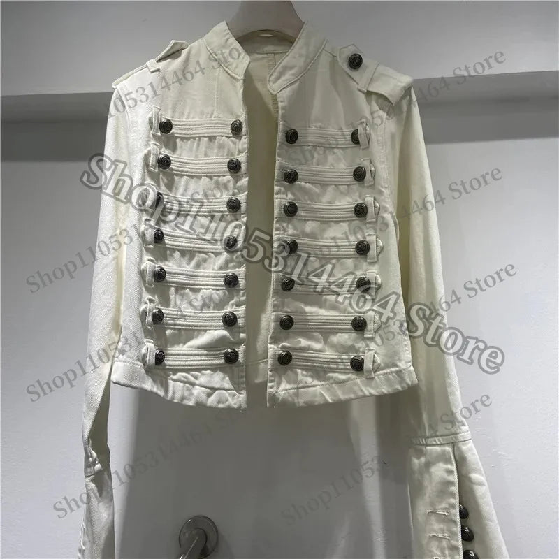 Spring Autumn Vintage Blue Slim Short Jeans Jacket Women Stand Collar Multi-breasted Design Long Sleeve Denim Jacket  Streetwear