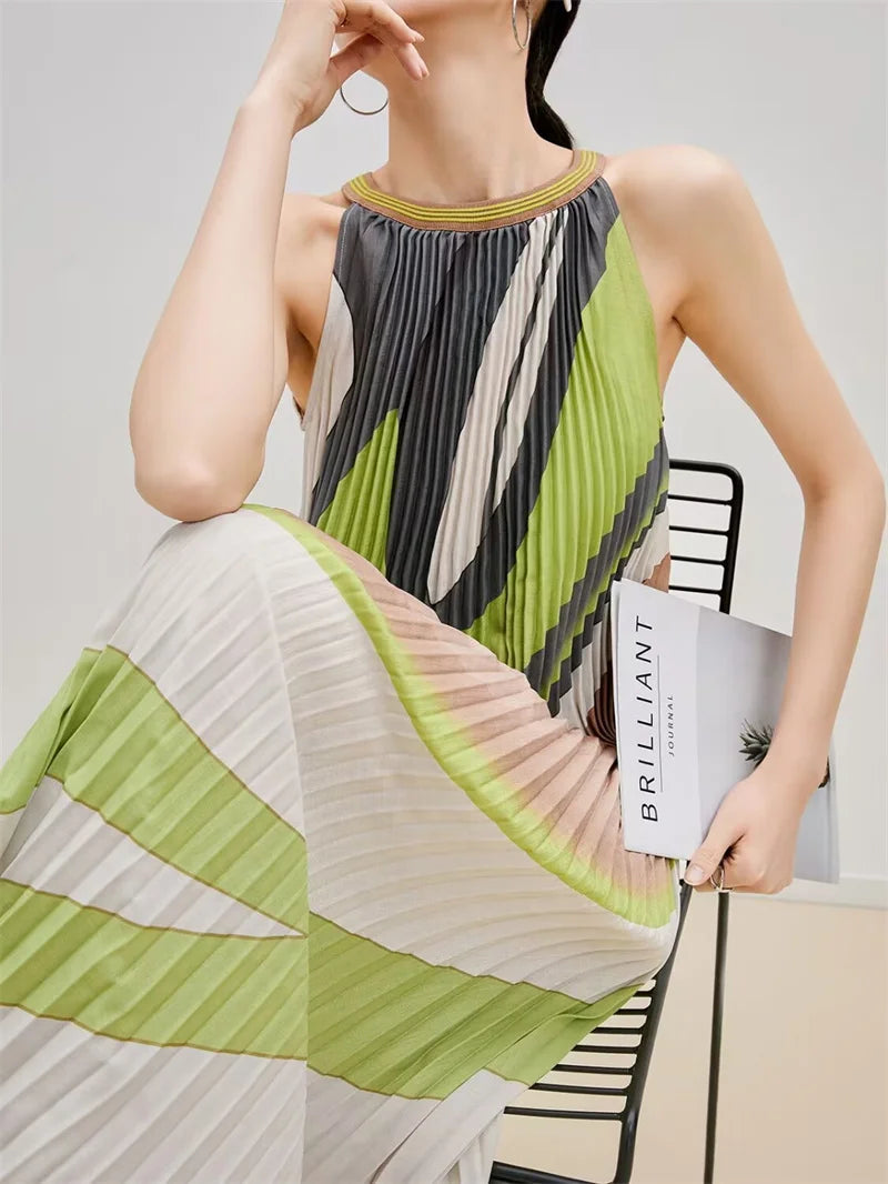 Elegant Party Dresses Long Dresses Womens Dresses Dress Sleeveless Retro Literary Style Hanging Neck Color Pleated Long Skirt