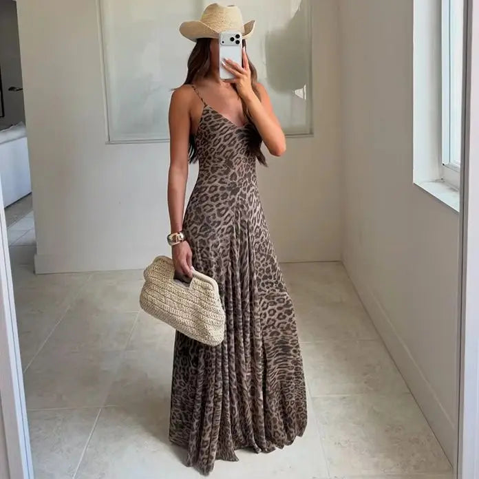 Vintage Chic Leopard Printed Sling Vestido Women Casual Backless Pleated Loose Fit Fold Spaghetti Strap Dress Vacation Beachwear