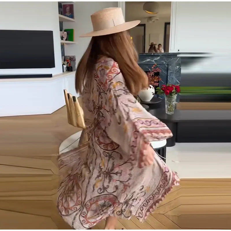 Women V Neck Vintage Vine Print Batwing Sleeve Maxi Dress Drawstring Waist Loose Flare Long Dress Mesh Texture Beach Vacation