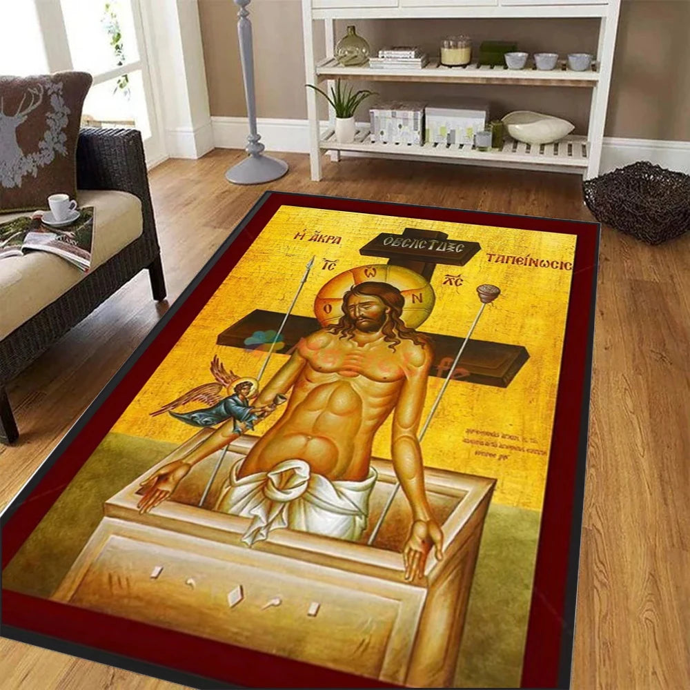 Large Living Room Bedroom Rug Orthodox Saint Icon Print Comfortable Feel Non Shedding Durable Floor Distinctive Elegant Home