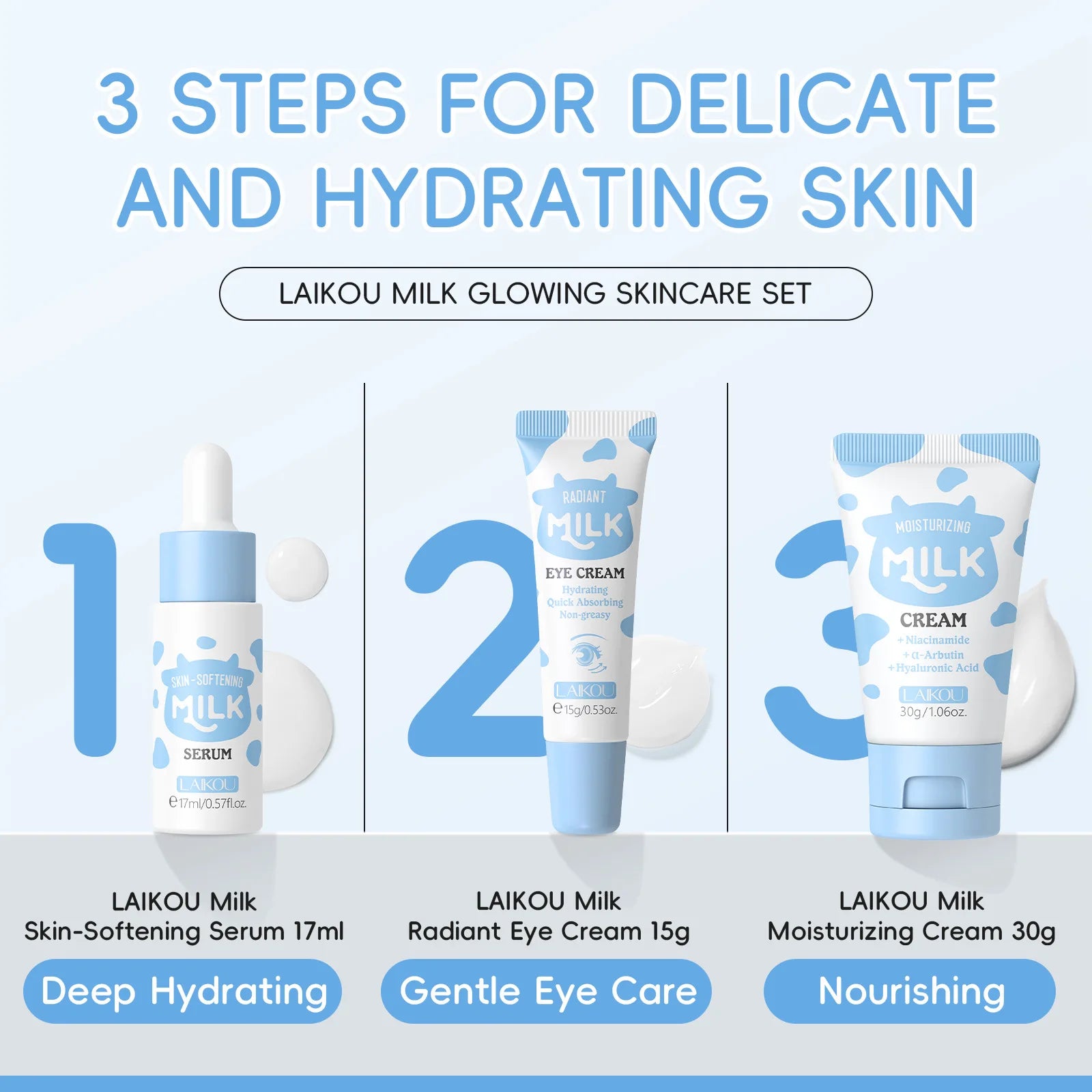 LAIKOU Milk Skincare Travel Set 3pcs Niacinamide Hyaluronic Acid Face Serum Eye Cream Face Cream Moisturizing Glowing Skin Care