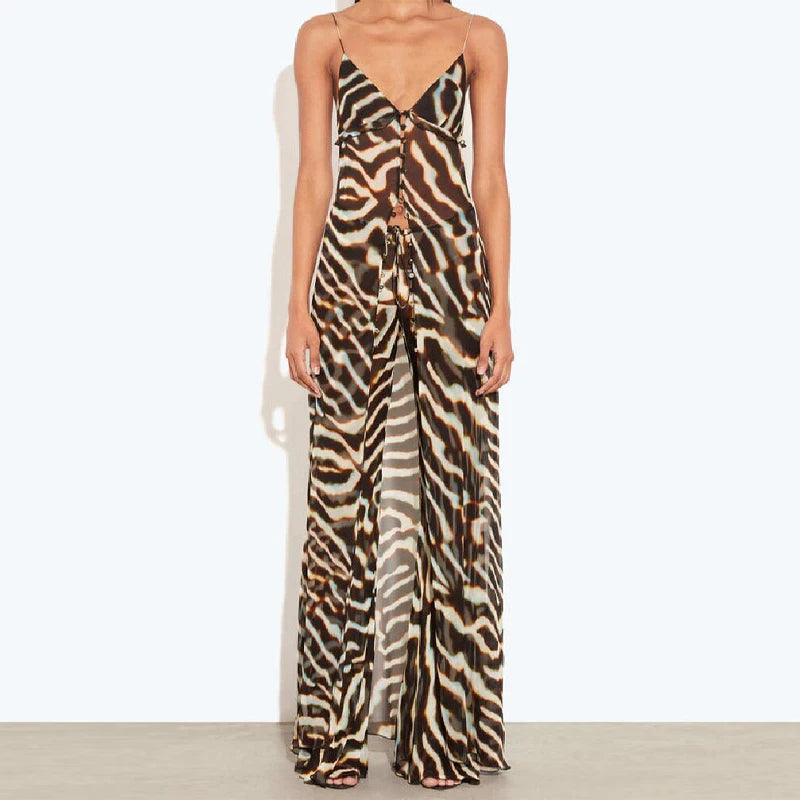 Casual Zebra Print Spaghetti Strap Maxi Top Versatile Long Leg Jeans Women Sheer Button Down Split Hem Daily Date Street Wear