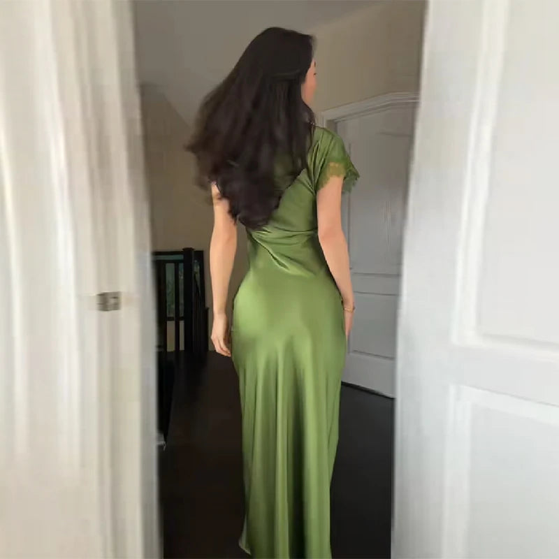 Women Elegant Green Satin Maxi Dress Lace Slit Asymmetric High Neck Draped One-sleeve Slim Fit Lgown Formal Evening Party Outfit