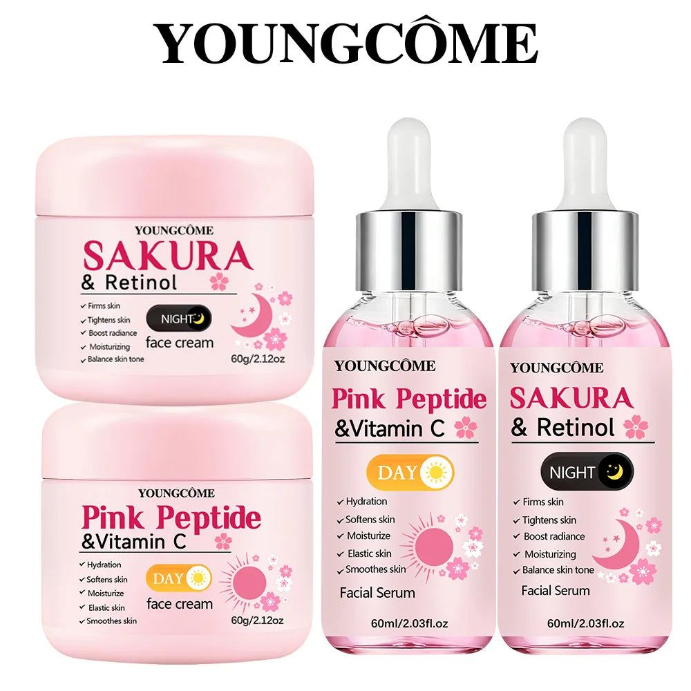 4-Piece Day & Night Skincare Set: Pink Peptide Vitamin C Day Cream + Sakura Retinol Night Cream & Essence for Hydration, Firmnes CB DROPSHIPPING