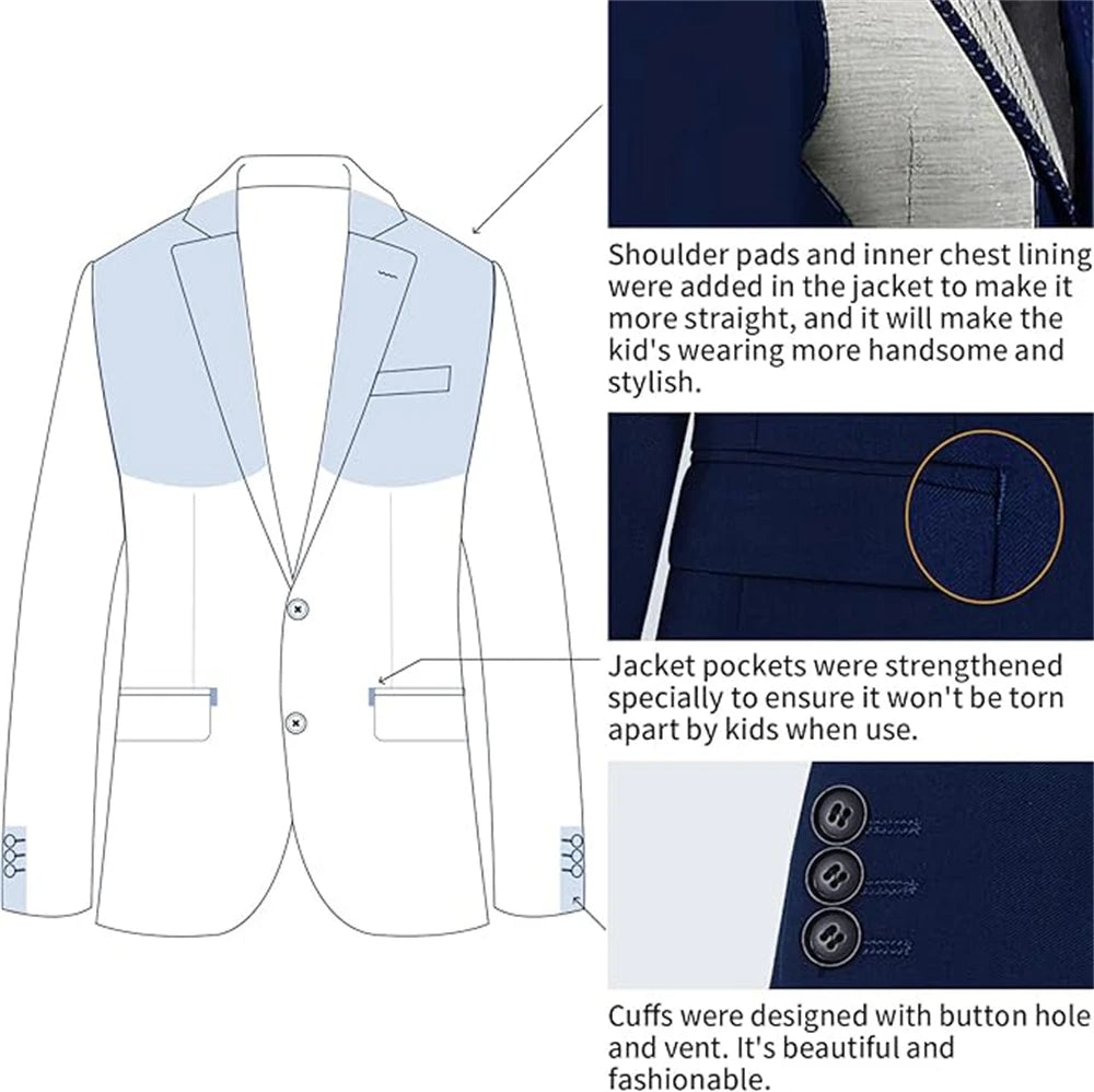 Notched Boy's Suit Set for Kids 3-14 Yrs, One Button Black Suit Jacket Vest Pants and T Shirt, Communion Tuxedo 4-Piece Suits CB DROPSHIPPING