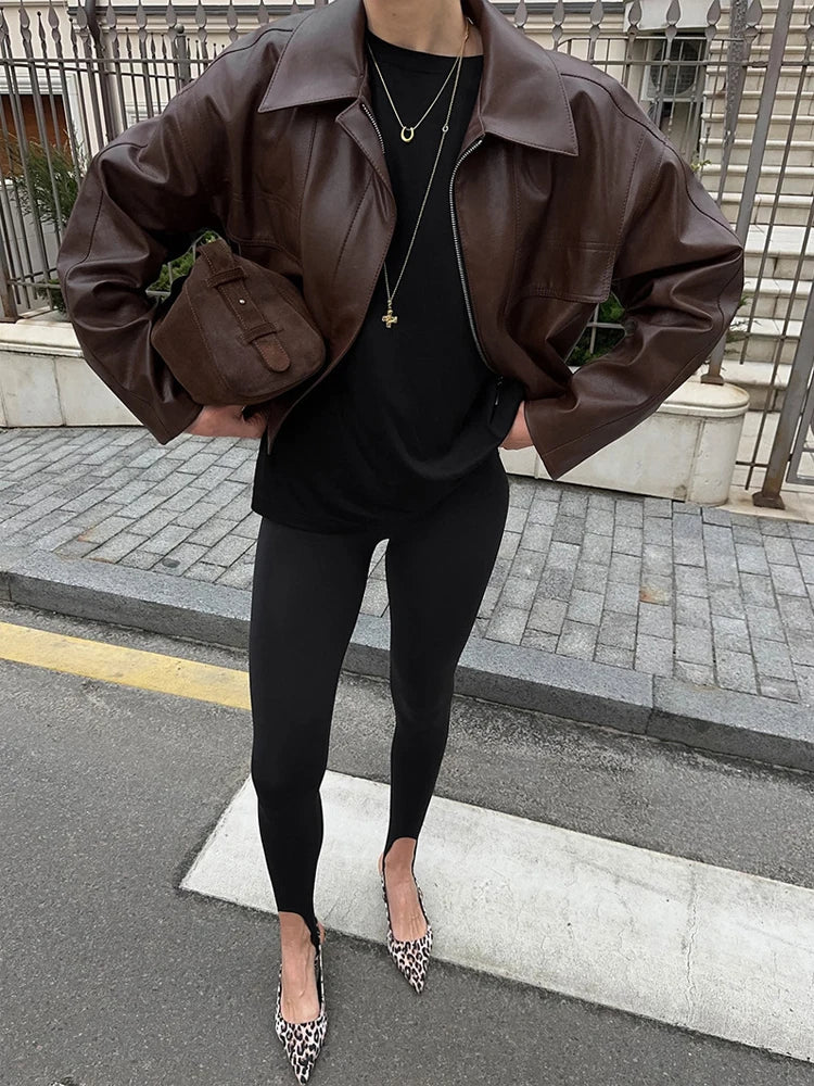 Vintage Solid Waist Cinching Leather Jacket Women Fashion Stand Collar Full Sleeve Zipper Buckle Coat 2026 Lady Street Outerwear