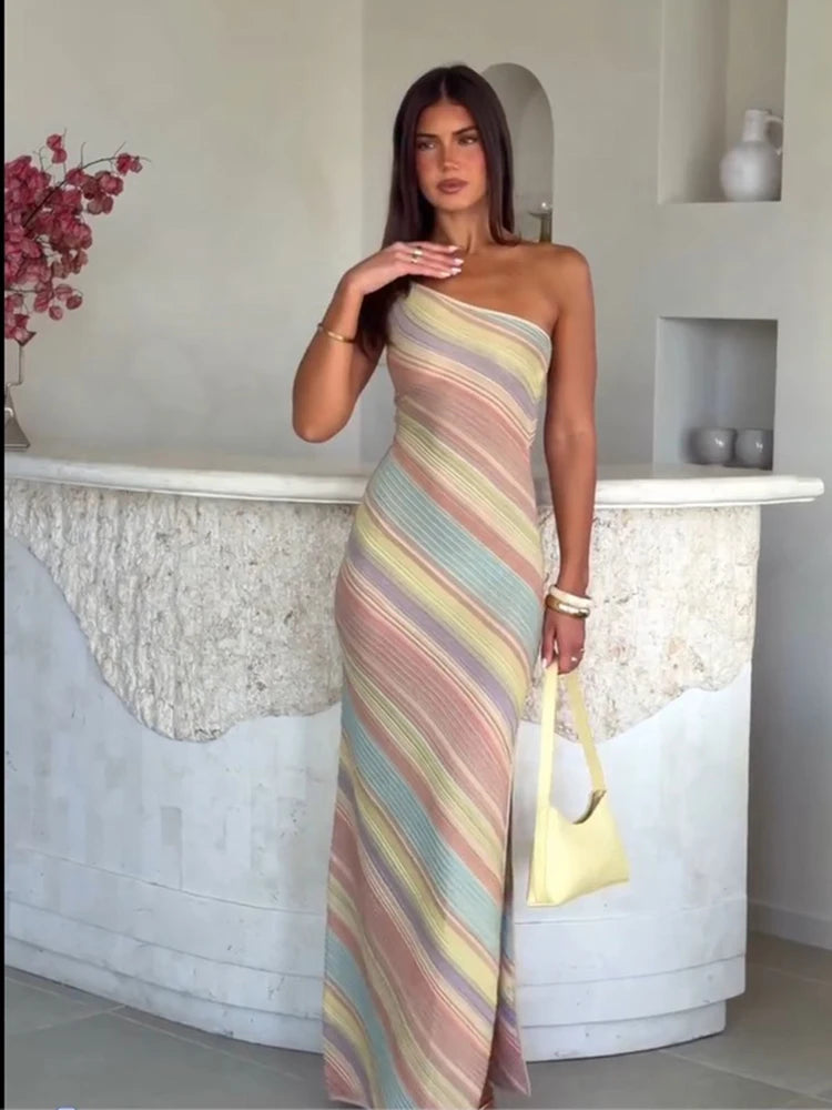Color Blocked Knitted Long Dress Women Elegant Off Shoulder Corset High Split Vestidos 2026 Lady Daily Beach Vacation Wear New