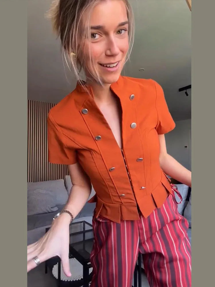 Short Sleeve Waist Cinching Ruffles Tops Women Elegant Stand Collar Single Breasted Pleaded Slim Thin Coats Chic Office Lady Top