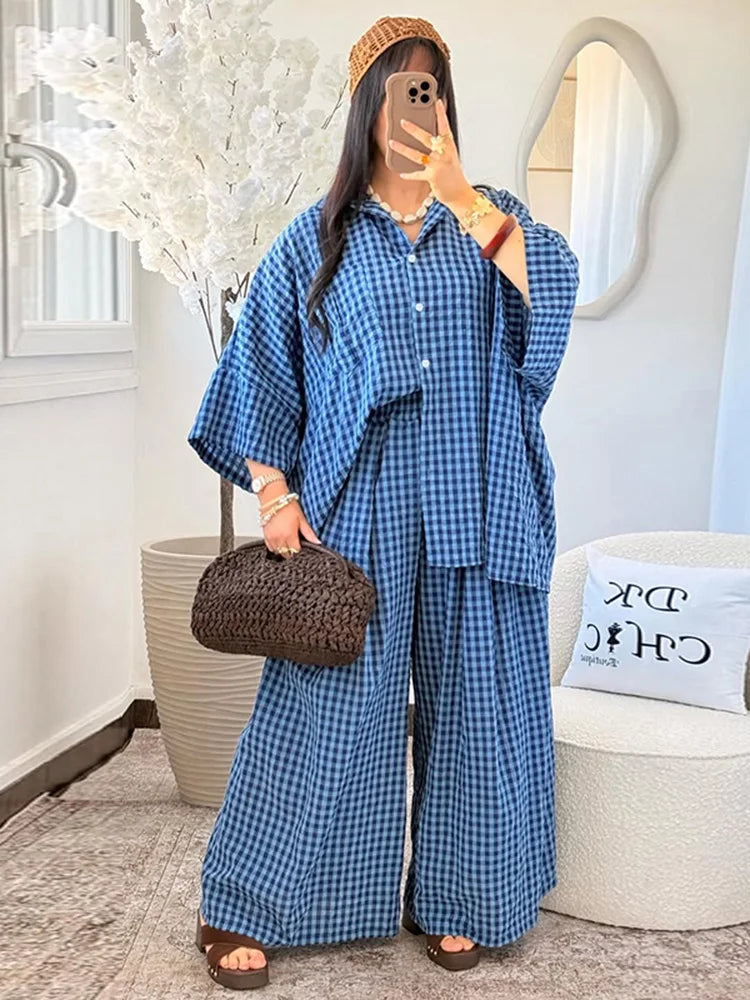 Casual Women's Pants Set Turn-down Collar Shirt Loose Bottom Female Plaid Printing Sets 2026 Summer Fashion Commute Lady Suit