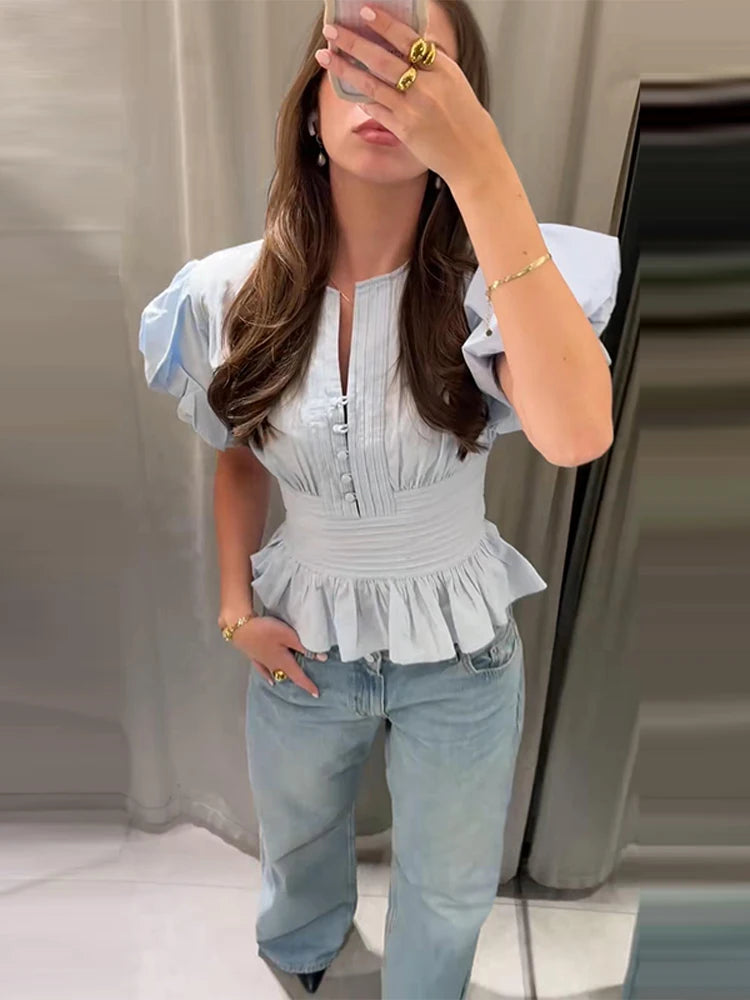 Women Round Neck Puff Sleeve Blouse Solid Lace Trim Asymmetrical Hem Slim Fit Shirt 2026 Spring Summer Chic Elegant Casual Top