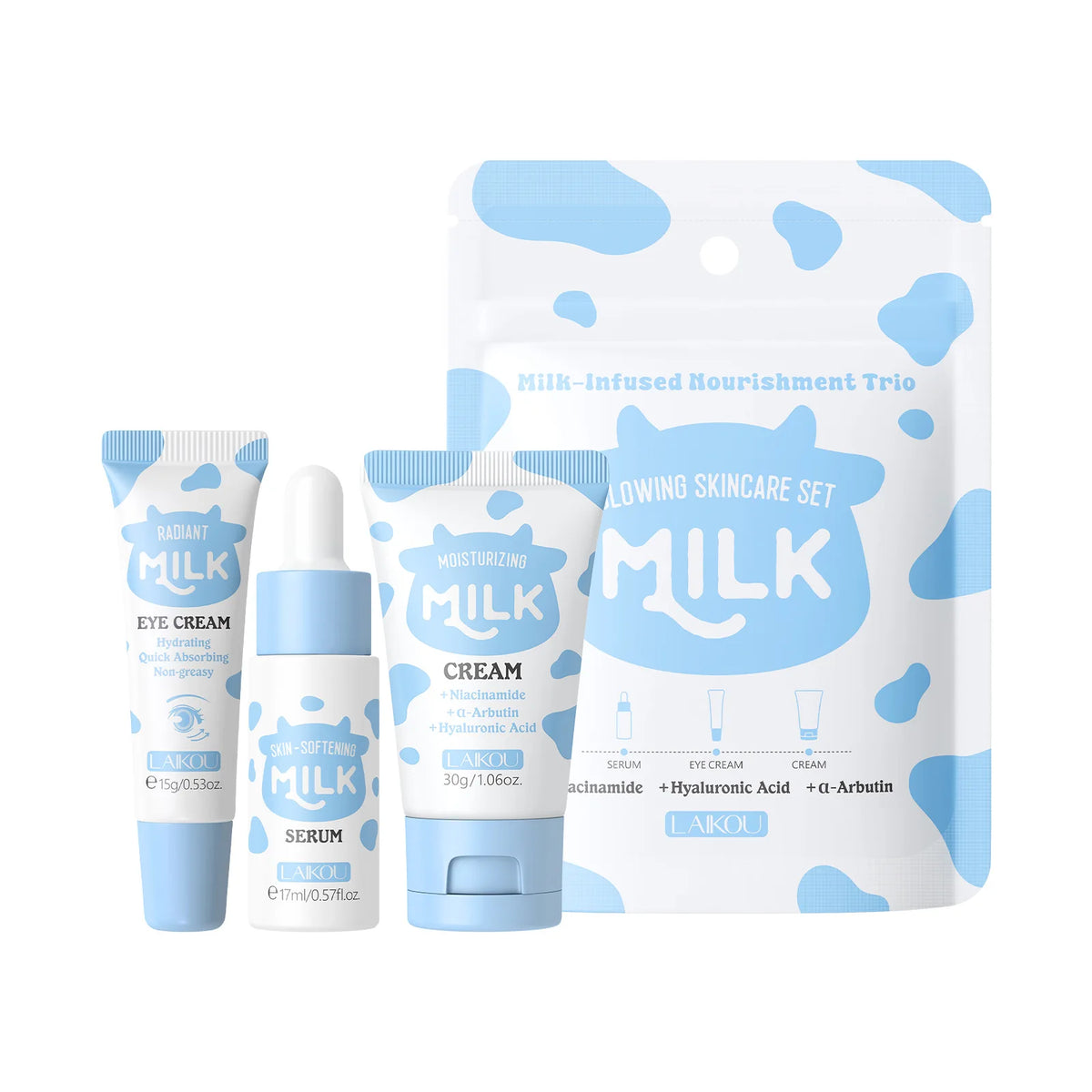 LAIKOU Milk Skincare Travel Set 3pcs Niacinamide Hyaluronic Acid Face Serum Eye Cream Face Cream Moisturizing Glowing Skin Care CB DROPSHIPPING