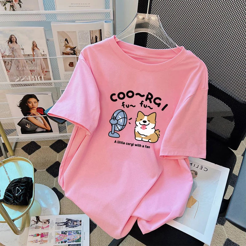 Soft Cuteness Alert  Korean Style T Shirt Cute Fun Pattern Print Loose Short  Sleeve White Top for Women Casual Summer Clothing