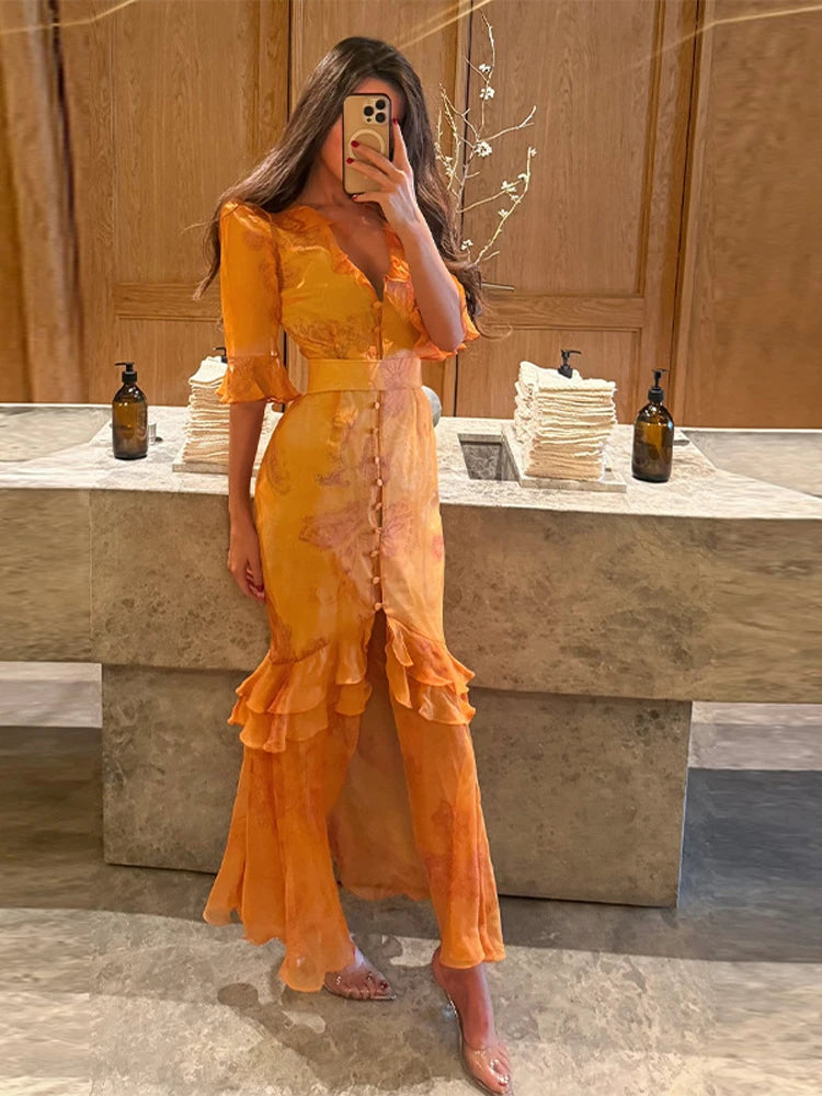 Elegant Floral Printed Woman Summer Dress V-neck Puff Sleeve Split Maxi Dresses For Women Fashion 2026 Women's Casual Gown New