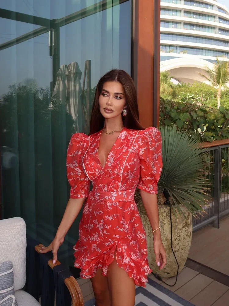 Women Red Floral Printed Mini Dress V-neck Short Sleeved Puff Sleeve Waist Trim Ruffle Slit Hem Dresses 2026 Summer Party Gown
