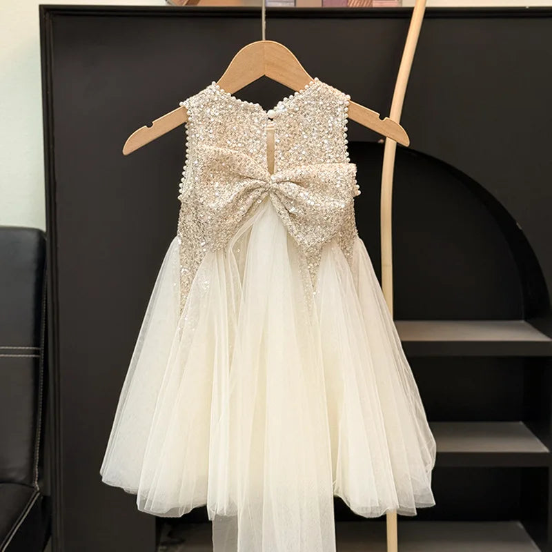 Summer Girls Tulle Dress Princess Sequined Puff Mesh Gown Kids Birthday Party Vestidos Children Casual Fashion Clothes 2-10Y CB DROPSHIPPING