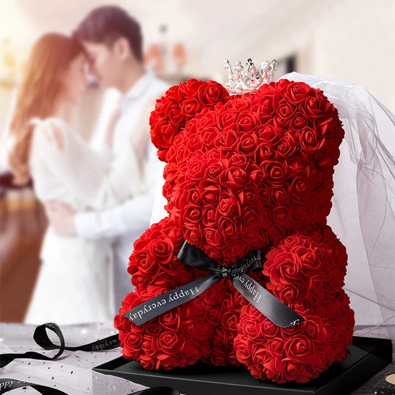Rose Bear With Box Lights Valentine Gifts Decoration Artificial Flower Teddy Bear for Women/Girlfriend Love Flower Birthday Gift
