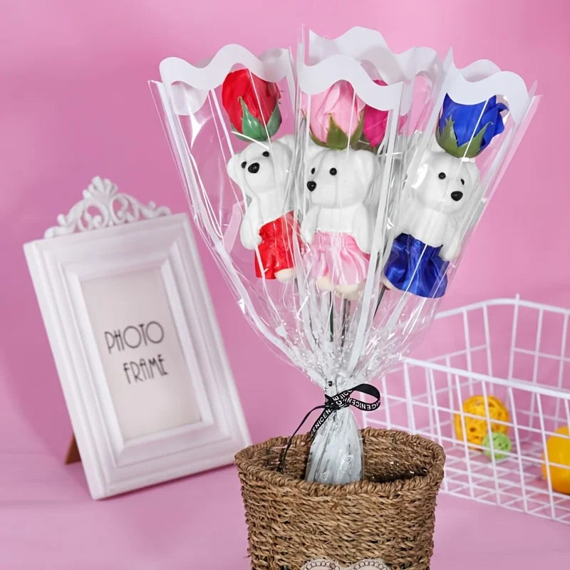 10Pcs Artificial Flowers Rose Bear Bouquet Fake Flower Mother's Day Valentine's Day Gift Birthday Present Wedding Home Decor