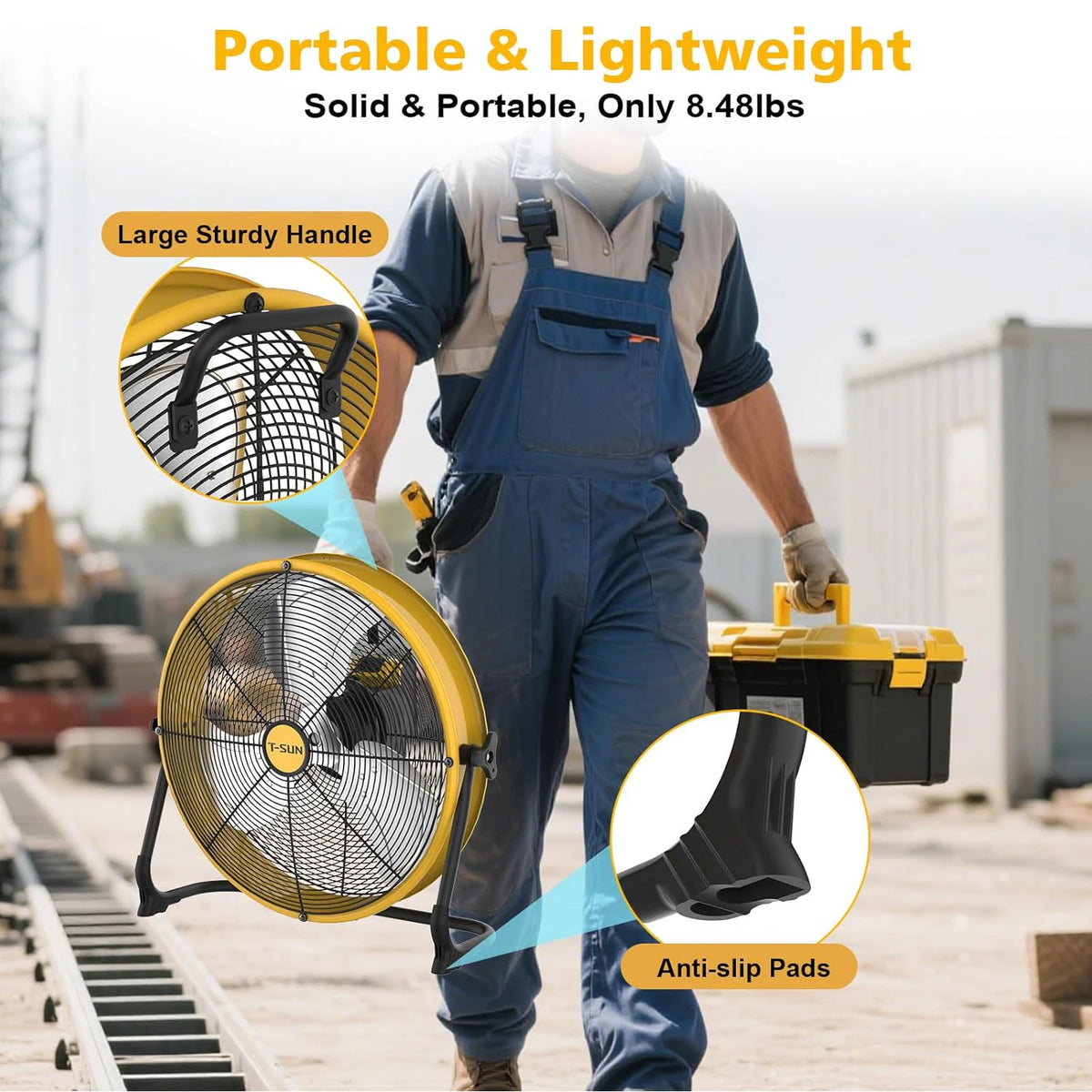 12/16 inch Floor Fan for Dewalt Battery Portable Fan Metal Industrial Stepless Speed Fan for Jobsite Garage Camping Emergency