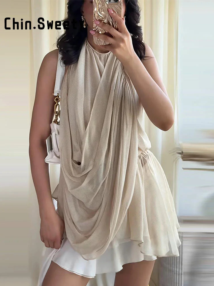 Fashion Women's Pleated Halter Vest Loose Sleeveless Backless Female Feshion Tops 2026 Summer Lady Chic All-match Solid Vests