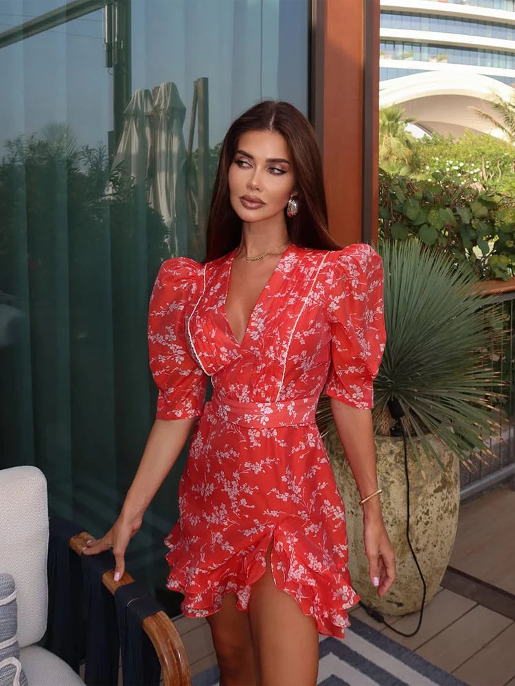 Women Red Floral Printed Mini Dress V-neck Short Sleeved Puff Sleeve Waist Trim Ruffle Slit Hem Dresses 2026 Summer Party Gown