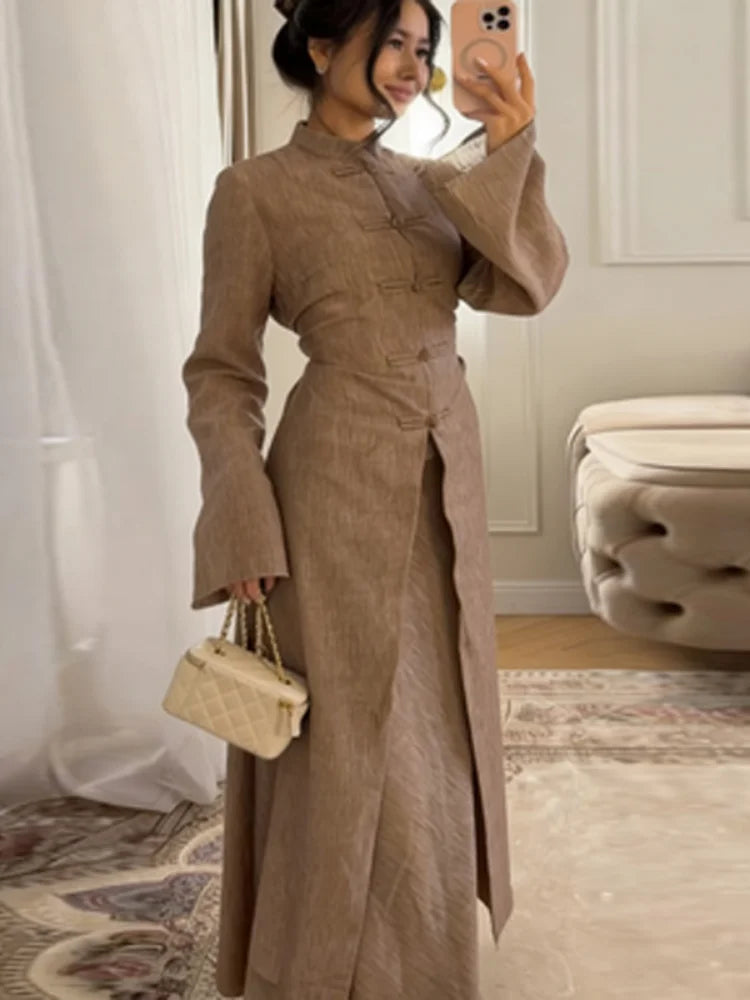 Chinese Style Frog Button Two Piece Set Long Flared Sleeve Ruched Waist Traditional Oriental Outline Sets Spring Picnic Outfit