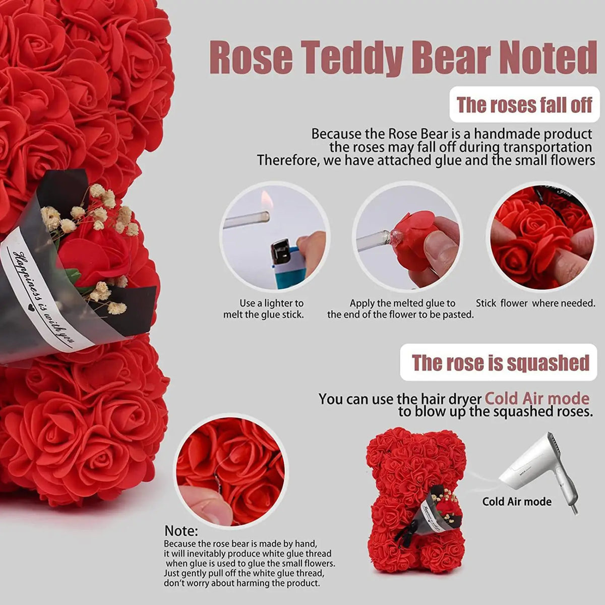 Flower Bear 9.45in Artificial Forever Flower Rose with Clear Box Romantic Gift for Her Handmade Valentine Bear for Home Decor