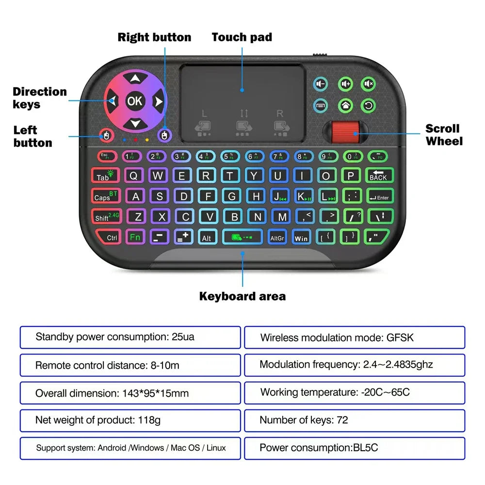 KEBIDUMEI Mini Wireless Keyboard with Scroll Wheel Touchpad  8 Color Backlit BT 2.4G Dual Mode Air Mouse Remote for PC TV Box CB DROPSHIPPING