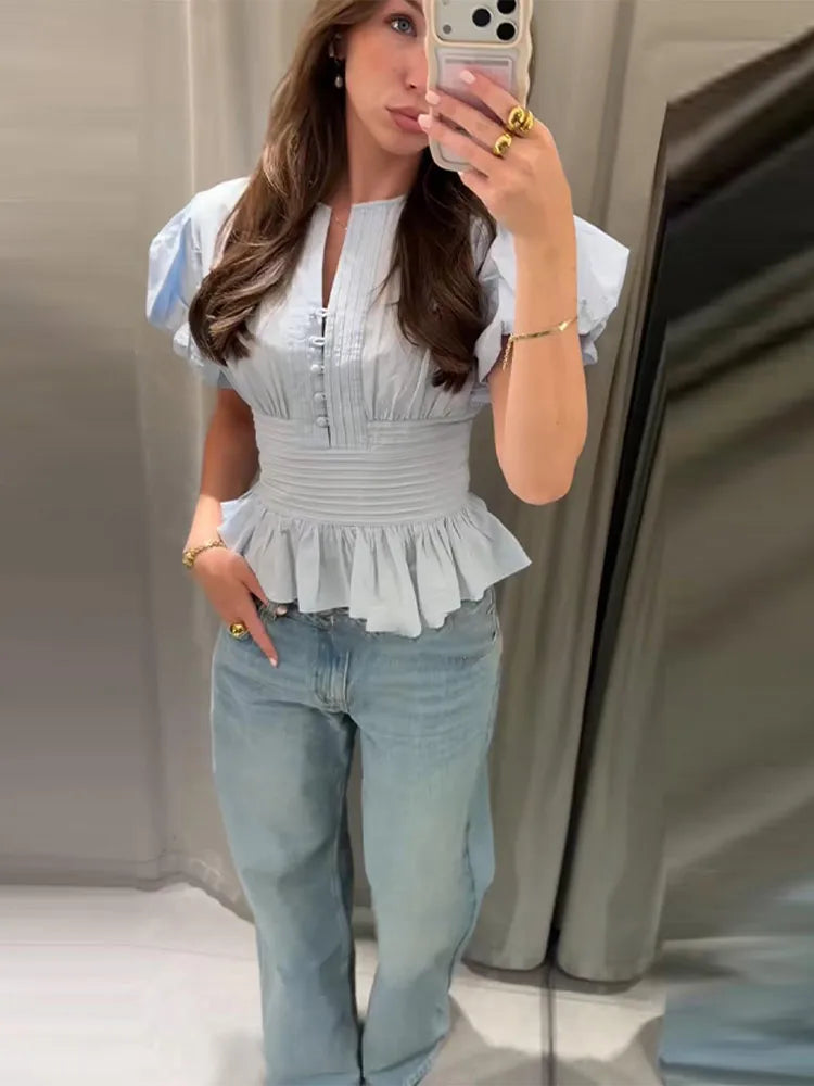 Women Round Neck Puff Sleeve Blouse Solid Lace Trim Asymmetrical Hem Slim Fit Shirt 2026 Spring Summer Chic Elegant Casual Top