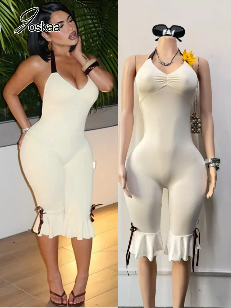 Joskaa Bowknot Decorate Halter Apricot Jumpsuit Women Hipster Sexy V-neck Backless Bandage Skinny Rompers Beach Holiday Clubwear