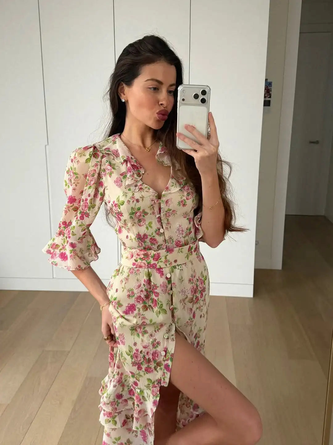 V Neck High Split Half Sleeve Slim Long Dress Print Waist Cinching Ruffle Hem Maxi Robes 2026 Women Party Vacation Vestidos