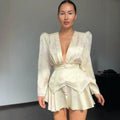 Print Women Dress Deep V Mini Dress Puff Sleeve High Waist Dress Two Piece Outfit With Waistband Elegant Slim Fit Outfit