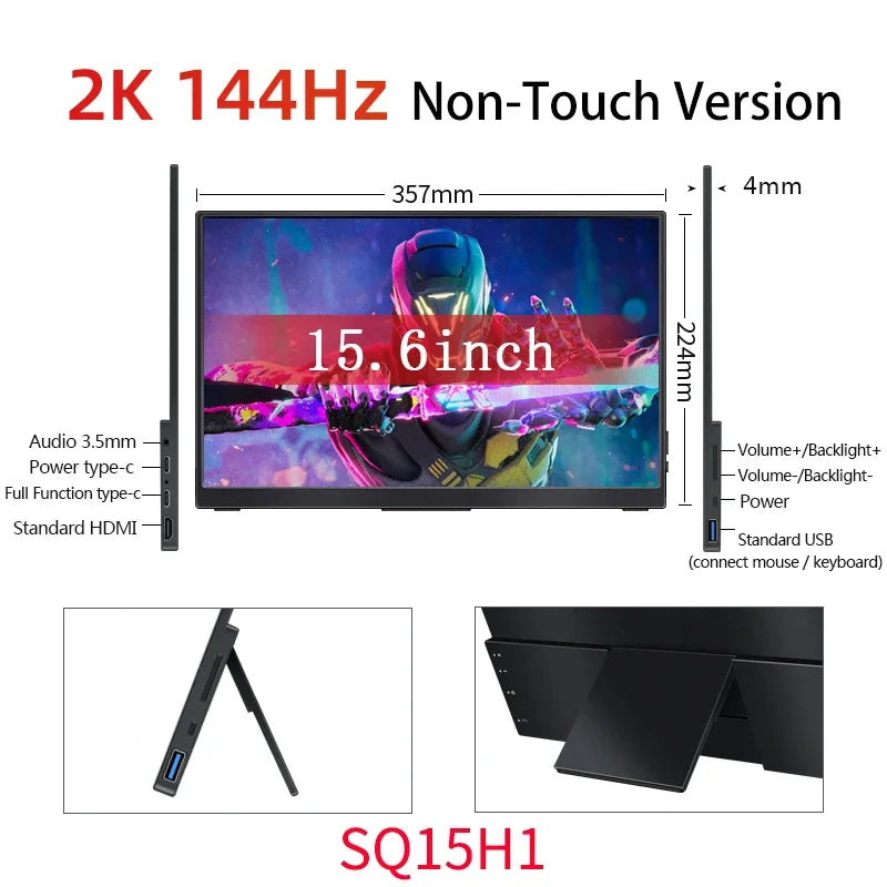 15.6 Inch 2K 144hz Touchscreen Portable Monitor 2560*1440P HDR 100%sRGB FreeSync 1ms IPS Screen With Hidden Stand Gaming Display CB DROPSHIPPING