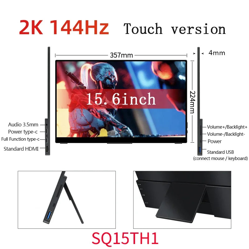 15.6 Inch 2K 144hz Touchscreen Portable Monitor 2560*1440P HDR 100%sRGB FreeSync 1ms IPS Screen With Hidden Stand Gaming Display CB DROPSHIPPING