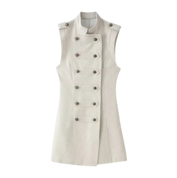 Women Stand Collar Double Breasted Mini Dress Sleeveless Elegant Casual Slim Fit Short Robe Lady Office New Dresses 2026 Summer