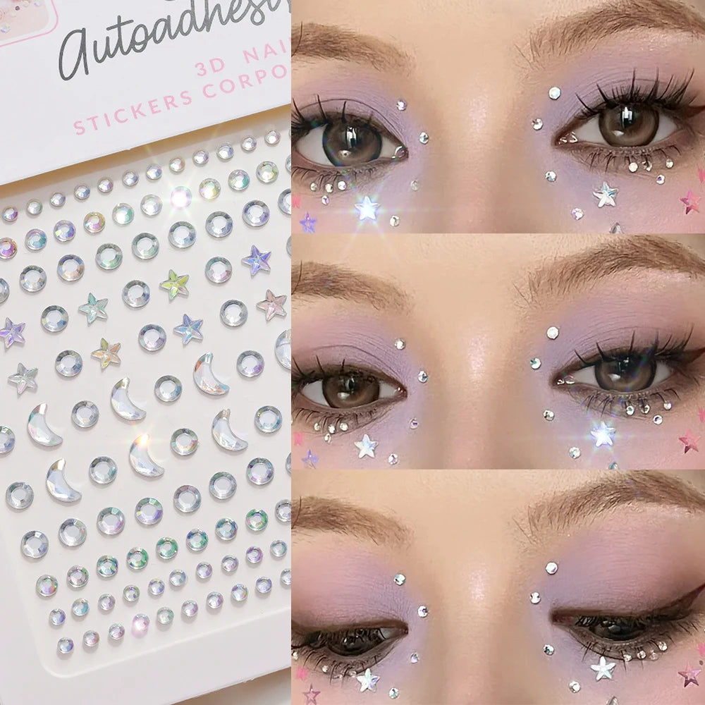 1pc 3D Y3K Silver Aurora Moon Star Face Gems Jewels Rhinestone Stickers Self Adhesive Crystal Makeup Diamonds Tattoos Decoration