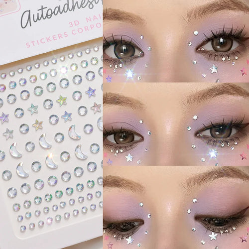 1pc 3D Y3K Silver Aurora Moon Star Face Gems Jewels Rhinestone Stickers Self Adhesive Crystal Makeup Diamonds Tattoos Decoration