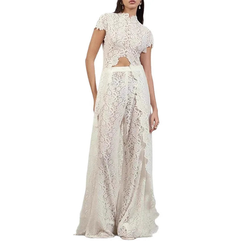 Women Pant Set Stand Collar Lace Sheer Sleeveless Split Front Top Wide Leg Solid Pant Casual Elegant Two Piece Set For Ladies