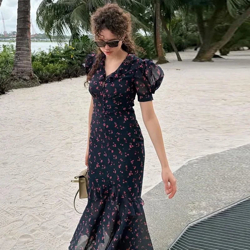Print Chiffon Long Dress Women V Neck Half Sleeves High Waist Ruffles Belts Split Robe Female 2026 Summer Chic Vacation Dresses