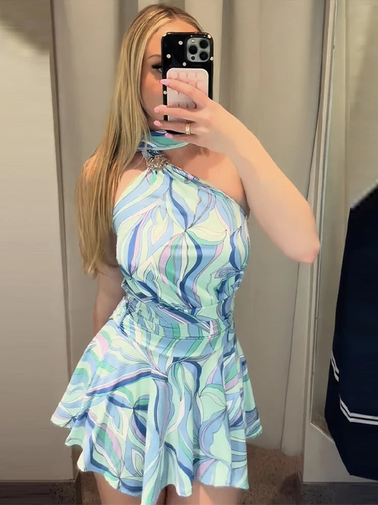 Swirl Print Women's Mini Dress Sexy Halter Neck Sleeveless Backless Ruffles Dresses Female 2026 Summer Fashion Beach Vestidos