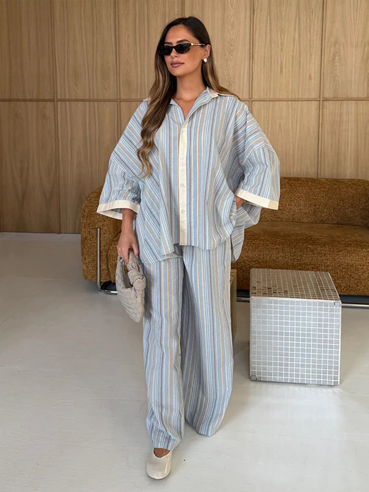 Fashion Stripe Long Pants Set Women Chic Lapel Single Breasted Shirt High Waist Wide Leg Trousers 2026 Spring New 2 Pcs Outfits