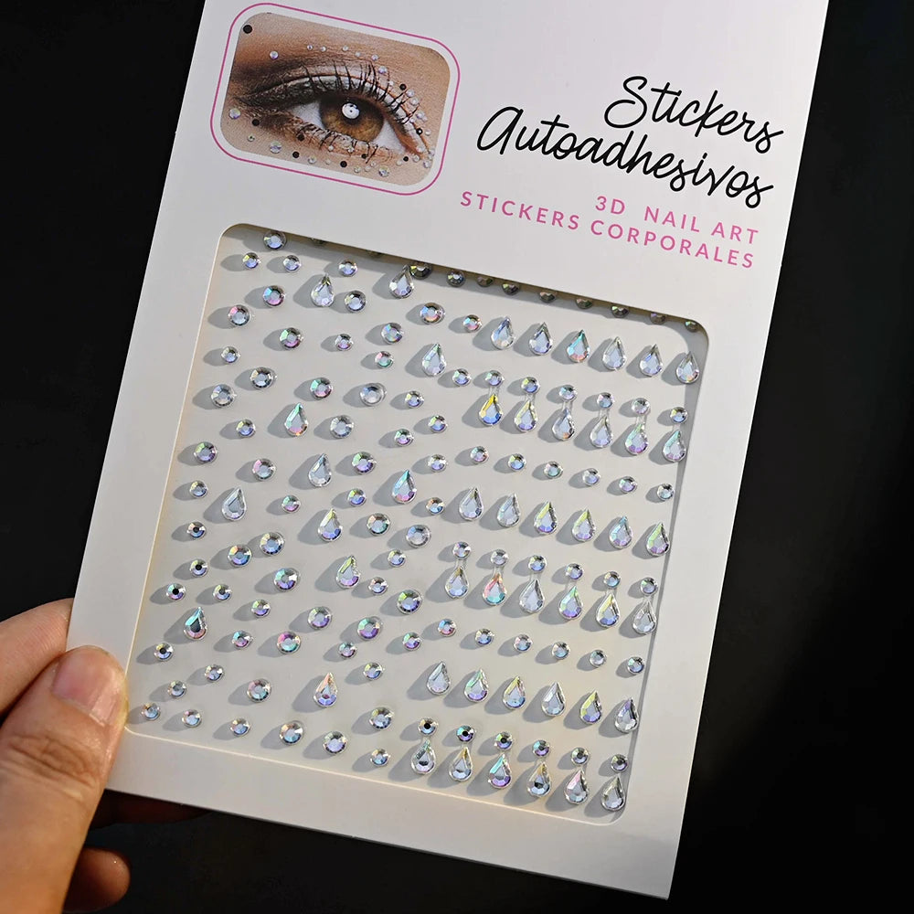 1pc 3D Y3K Silver Aurora Moon Star Face Gems Jewels Rhinestone Stickers Self Adhesive Crystal Makeup Diamonds Tattoos Decoration