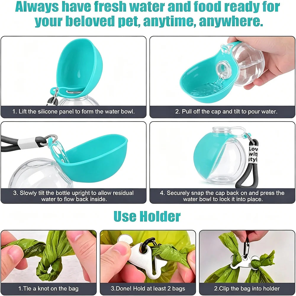 Portable Dog Water Bottle 285ml Pet Drinking Silicone Bowl with Lanyard Leak-Proof 2-in-1 Water Dispenser Walking Travel Feeders
