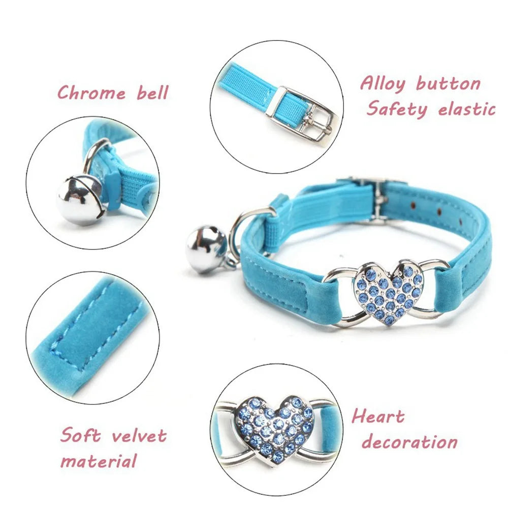 Soft Comfortable Plush Cat Collar Faux Diamond Heart Elastic Rubber Design with Bell Breakaway Safety Essential Pet Accessary CB DROPSHIPPING